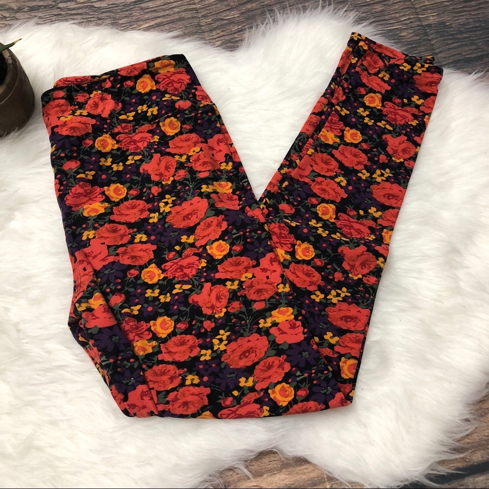 LULAROE Orange Floral Leggings - Picture 2 of 3